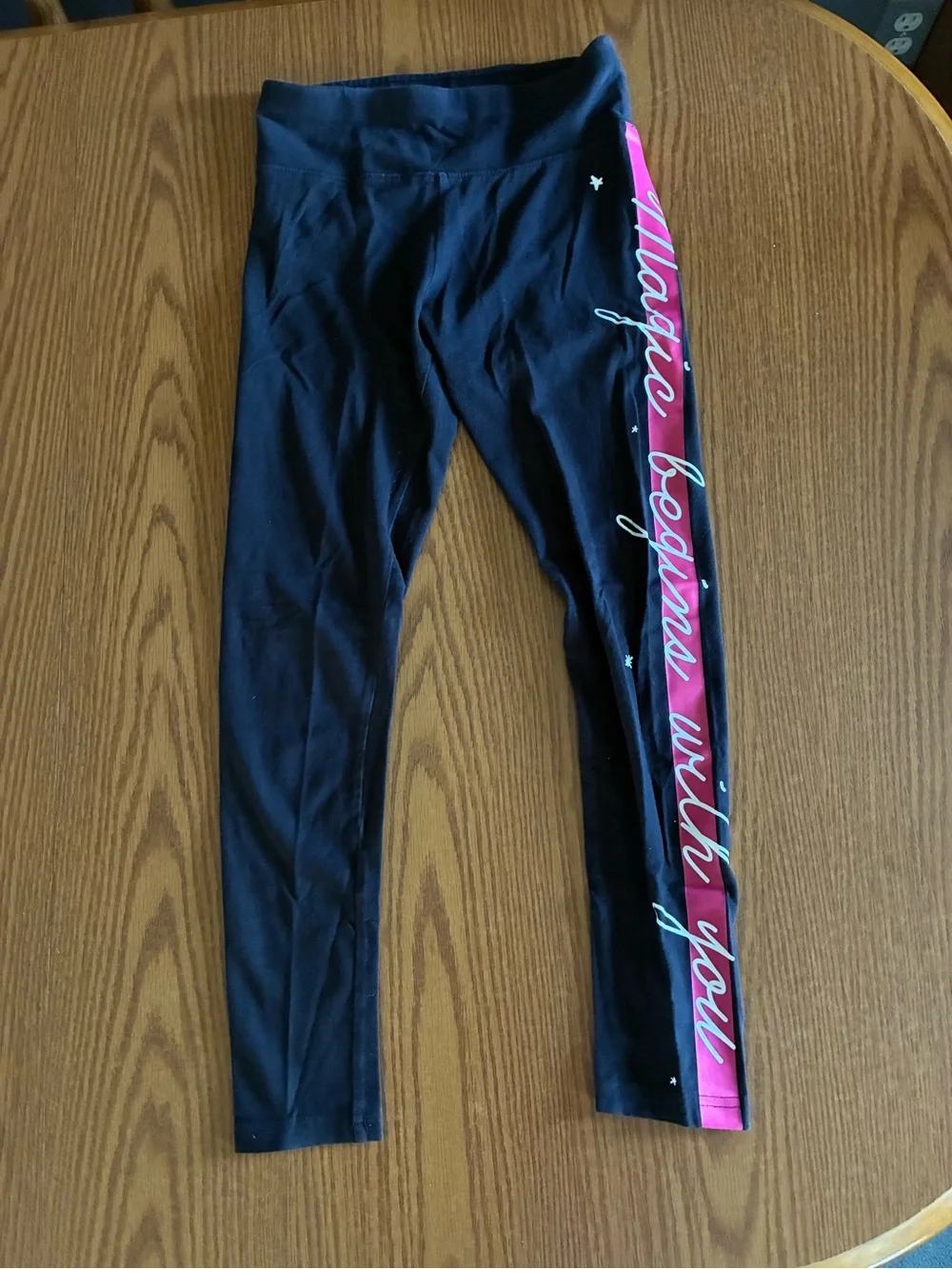 Justice Black Leggings with Pink Side Panel and White Script